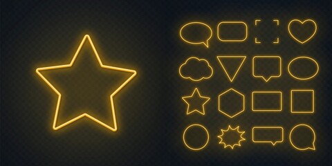 Set of yellow neon frames with soft glow on a transparent background. Speech bubble, square, circle, star, triangle, heart, hexagon and other glowing neon shapes on a dark background.