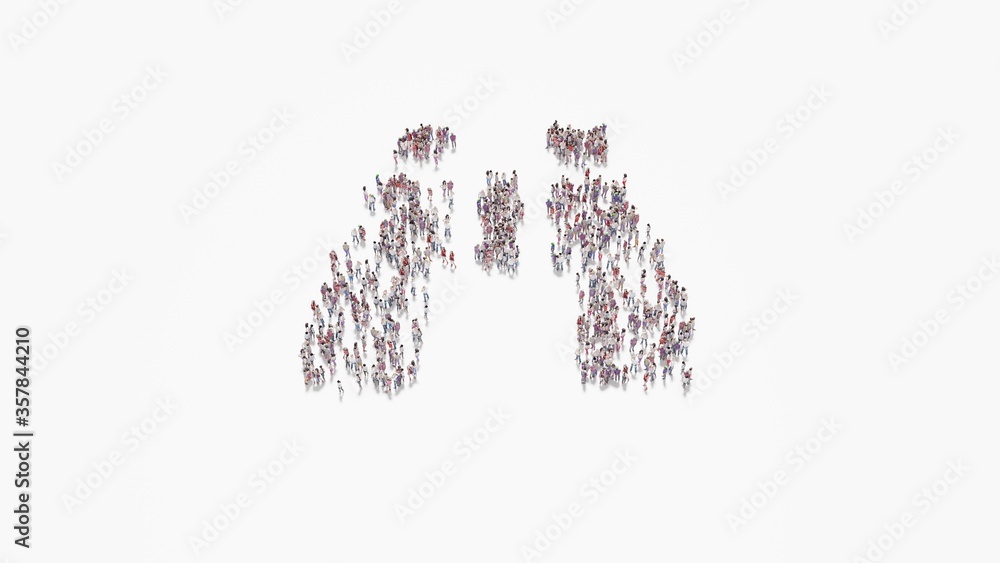 Poster 3d rendering of crowd of people in shape of symbol of binoculars on white background isolated