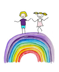 Willkommen zurück - back to school. Zwei fröhliche Kinder auf einem Regenbogen, Hoffnung und...