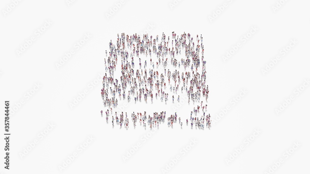 Poster 3d rendering of crowd of people in shape of symbol of book on white background isolated