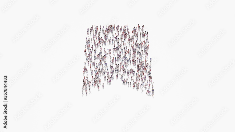 Poster 3d rendering of crowd of people in shape of symbol of bookmark on white background isolated