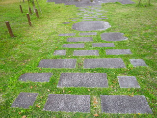 公園で道の代わりに敷かれた飛石　The stepping-stone which was spread in substitution for a way in a park