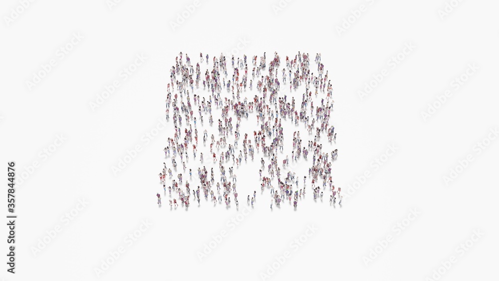 Poster 3d rendering of crowd of people in shape of symbol of building on white background isolated