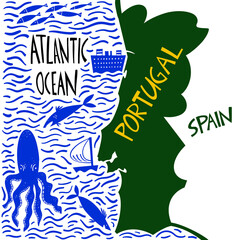 Vector hand drawn stylized map of Portugal. Travel illustration of Portuguese Republic with water names. Hand drawn lettering illustration. Europe map element