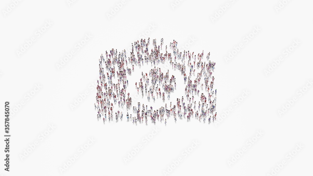 Poster 3d rendering of crowd of people in shape of symbol of camera on white background isolated