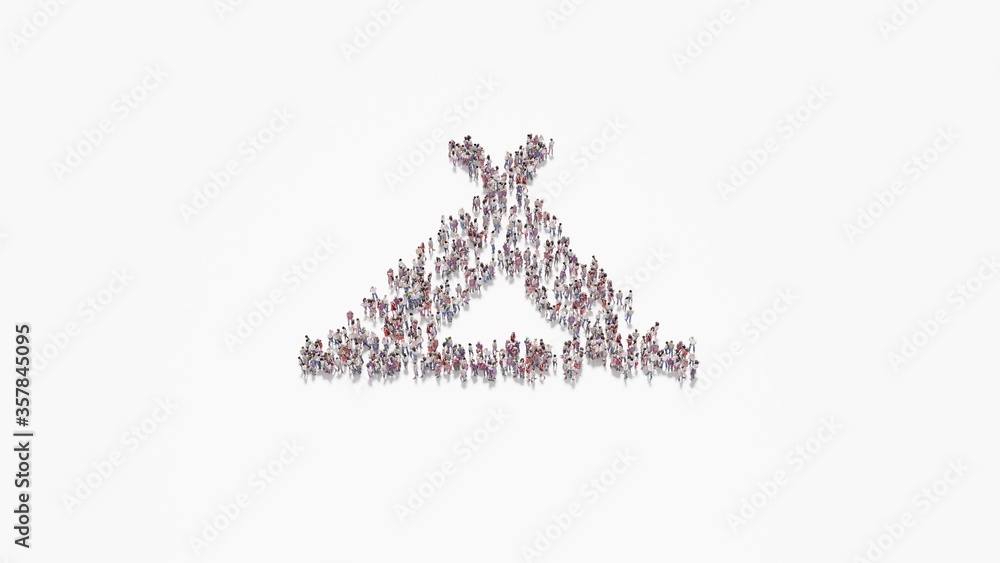 Poster 3d rendering of crowd of people in shape of symbol of campground on white background isolated