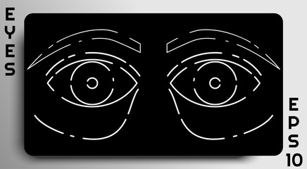 Modern flat eyes illustration, trendy cut outlines with eyebrow and eyelid, designed in black and white colors with linear details and elements. Eps 10 vector