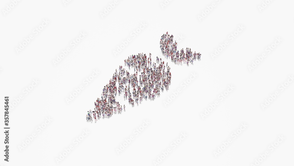 Poster 3d rendering of crowd of people in shape of symbol of carrot on white background isolated