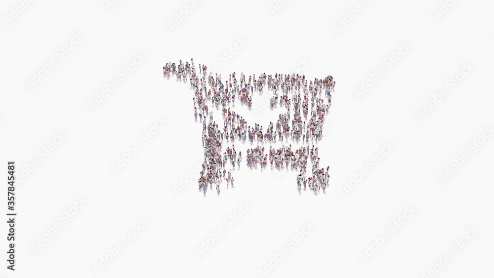 Aufkleber 3d rendering of crowd of people in shape of symbol of cart arrow down on white background isolated