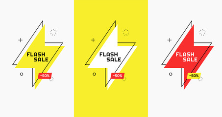 Set of 3 modern vivid vector flash sale banner. Lightning bolt designed in mempthis style with black outline and geometric elements, red and yellow colors. Eps 10 vector