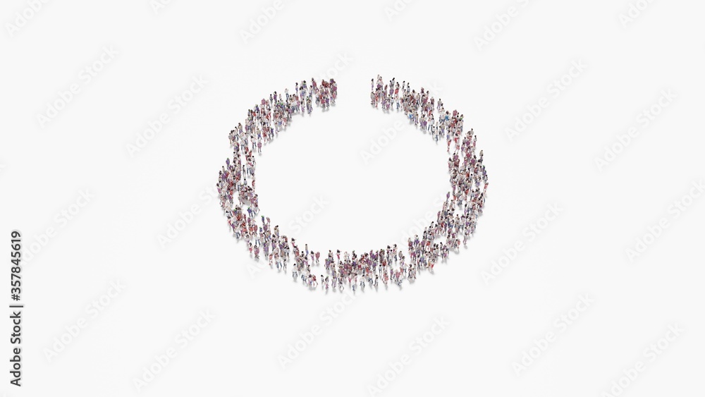 Poster 3d rendering of crowd of people in shape of symbol of circle notch on white background isolated