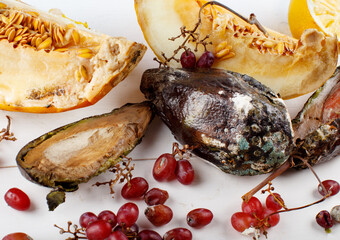 Rotten fruits on white background, Zero waste concept