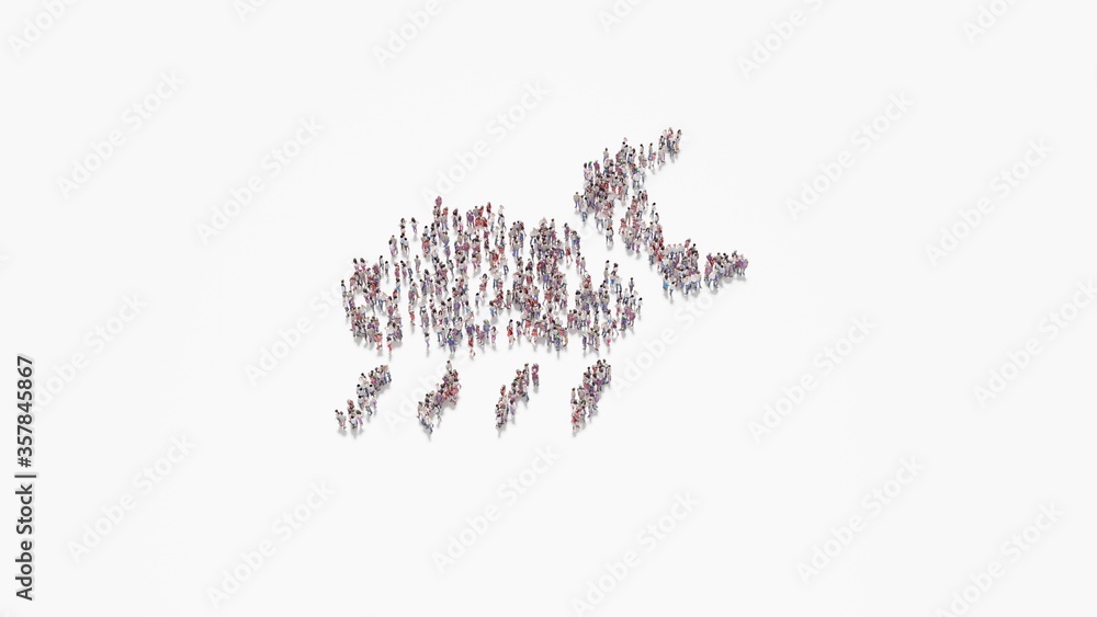 Poster 3d rendering of crowd of people in shape of symbol of rainy cloud moon on white background isolated