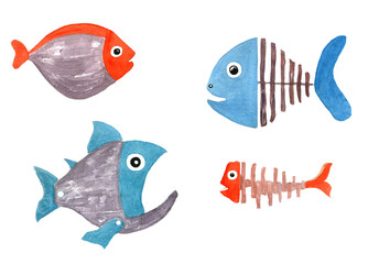 Fototapeta premium Watercolor cartoon funny colorful tropical fish and fishbones isolated on white background.
