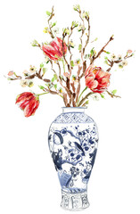 Watercolor vase with Tulips, Cobalt blue vase with flowers