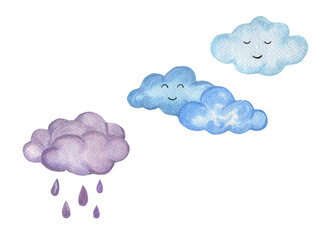 Watercolor fluffy blue and violet, purple rainy clouds with rain drops isolated on white. Speech bubbles. Communication concept. Weather forecast.
