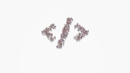 3d rendering of crowd of people in shape of symbol of code tag on white background isolated