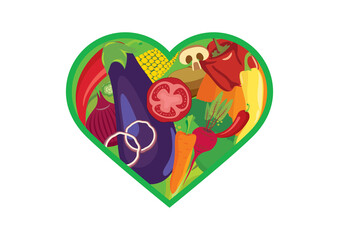 Vegetable heart shape icon with various kinds of vegetables vector. Different types of vegetables vector. Heart shaped vegetables set icon isolated on a white background