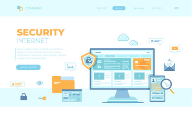 Internet Security. User’s personal data protection, safety confidentiality, safe network. Password request. Monitor and phone with shield and lock. Can use for web banner, landing page, web template.