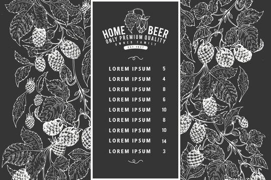 Hand drawn beer design template. Vector brewery illustrations on chalk board. Retro hop background
