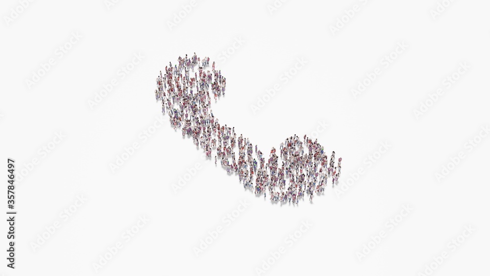 Poster 3d rendering of crowd of people in shape of symbol of communication phone on white background isolat