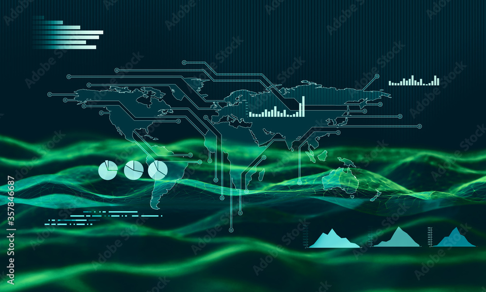 Poster 3d rendering business illustration with low poly network technologies. interface of worldwide stock,