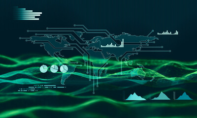 3d rendering business illustration with low poly network technologies. Interface of worldwide stock, global market. Charts, diagrams and map showing trading activity.
