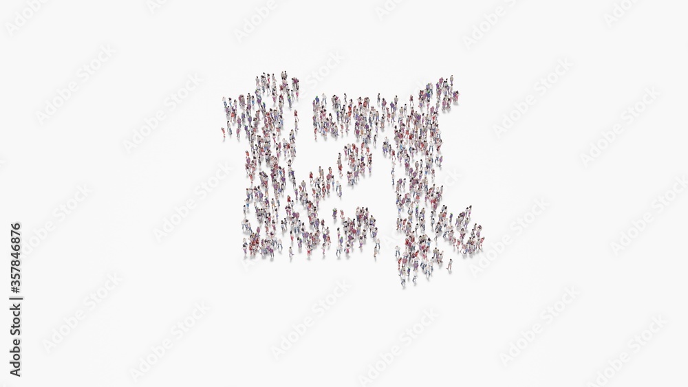 Poster 3d rendering of crowd of people in shape of symbol of crop on white background isolated