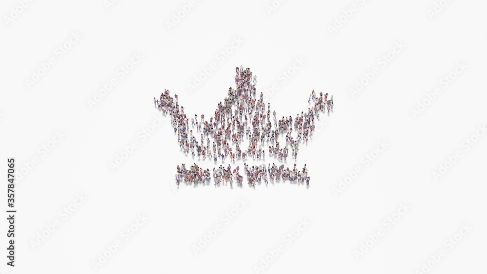 Poster 3d rendering of crowd of people in shape of symbol of crown on white background isolated