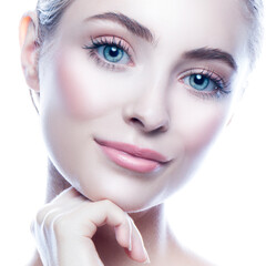 Sensual young happy model woman beauty face, healthy perfect skin, blue eyes, natural nude make-up