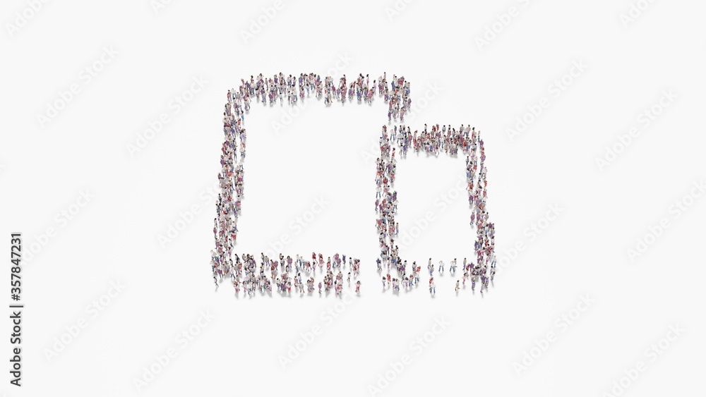 Poster 3d rendering of crowd of people in shape of symbol of devices on white background isolated