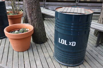 beer barrels with symbols at pubs yard