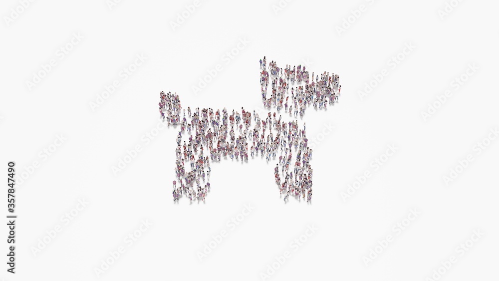 Poster 3d rendering of crowd of people in shape of symbol of dog on white background isolated
