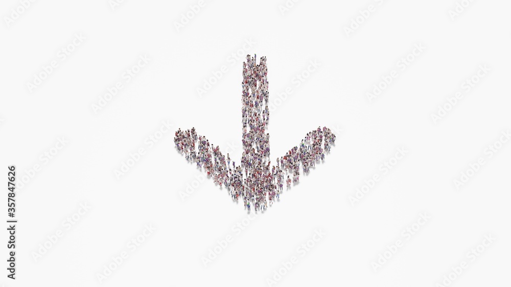 Poster 3d rendering of crowd of people in shape of symbol of down arrow on white background isolated