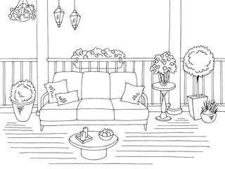 Balcony graphic black white interior sketch illustration vector