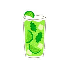 Mojito in a glass with slices of lime, mint leaves and ice cubes. Summer drink. Colorful vector illustration on a white background