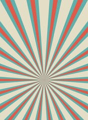 Sunlight retro vertical background. Pale red, blue, beige color burst backdrop.