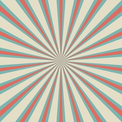 Sunlight retro rays background. Pale red, blue, beige color burst backdrop.