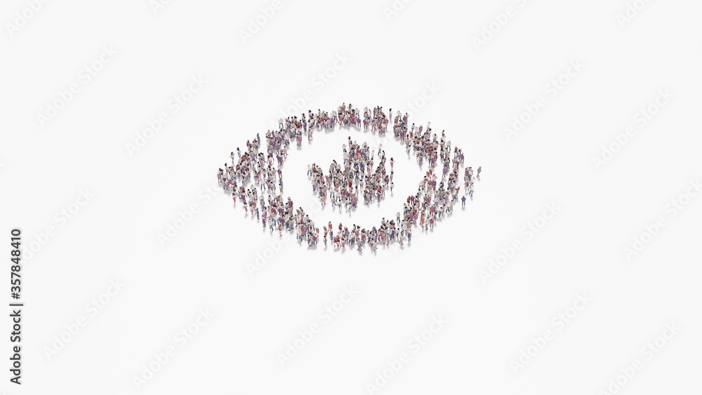 Poster 3d rendering of crowd of people in shape of symbol of eye on white background isolated