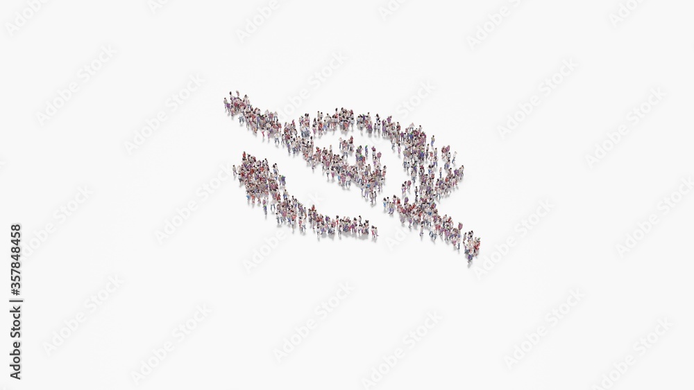 Poster 3d rendering of crowd of people in shape of symbol of eye slash on white background isolated