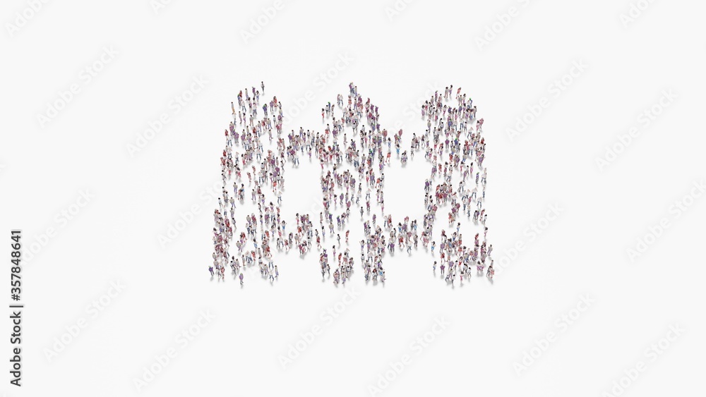 Poster 3d rendering of crowd of people in shape of symbol of fence on white background isolated