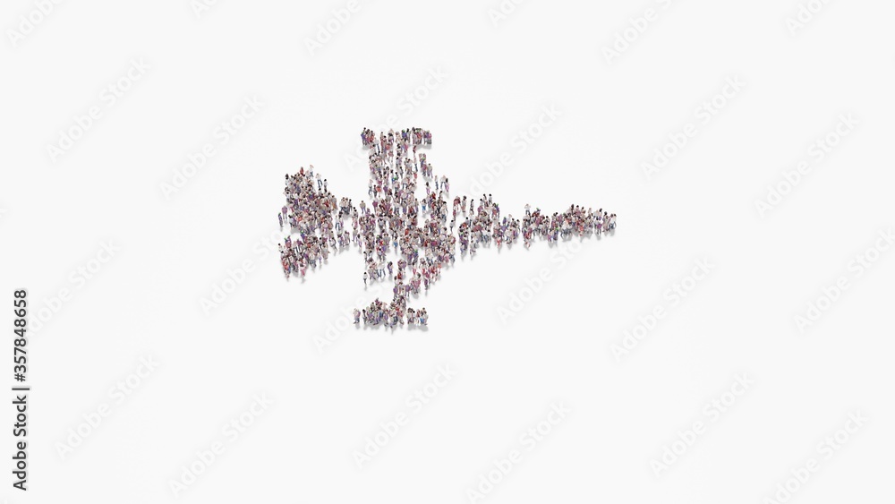 Poster 3d rendering of crowd of people in shape of symbol of fighter jet on white background isolated