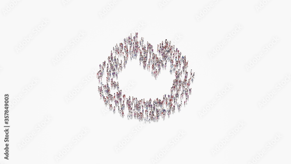Poster 3d rendering of crowd of people in shape of symbol of fire on white background isolated