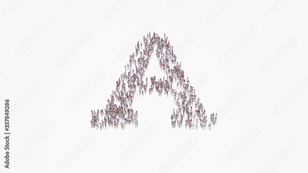 Poster 3d rendering of crowd of people in shape of symbol of font on white background isolated