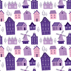 Houses seamless pattern. Ideal for background, wallpaper, textile, backdrop, wrapping paper. Pattern design.