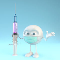 3d character with surgical mask and giant syringe
