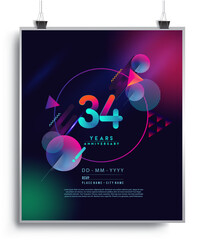 34th Years Anniversary Logo with Colorful Abstract Geometric background, Vector Design Template Elements for Invitation Card and Poster Your Birthday Celebration.