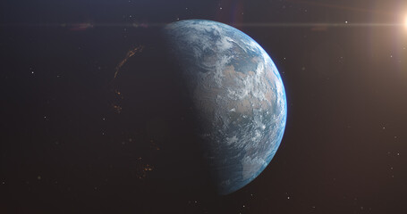 Image of Planet Earth from space. Stars and Sun in background with lens flares and dust