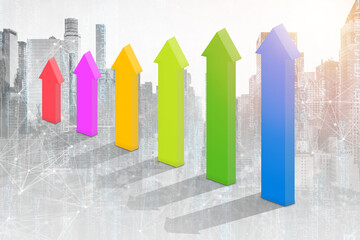 3D illustration composing with business building and stock chart.Symbol arrow up,with stock graph background.