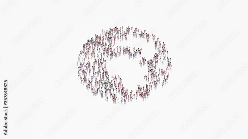 Poster 3d rendering of crowd of people in shape of symbol of globe africa on white background isolated